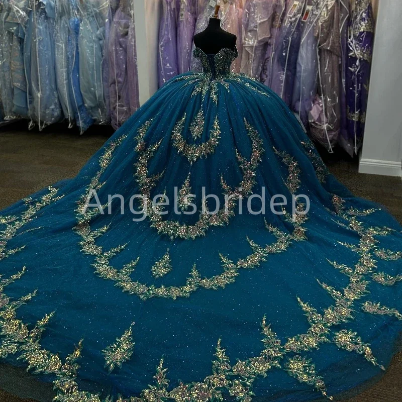 Angelsbride Blue Shiny Tulle Sequined Appliques Ball Gown Quinceanera Dresses Beading Vestido De 15 Anos Princess Party Dress