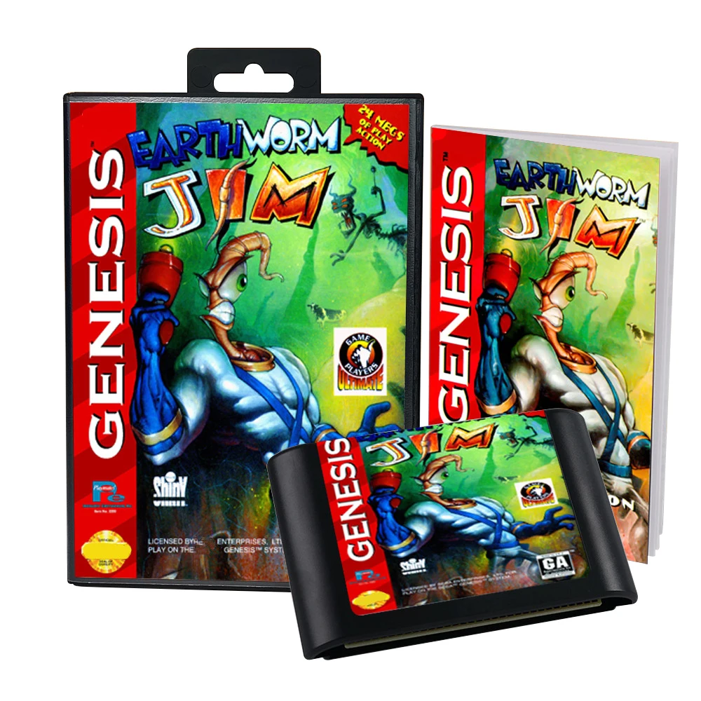 Earthworm Jim USA Cover Game for SEGA MD Mega Drive Genesis Consoles Game Cartridge Box Manual