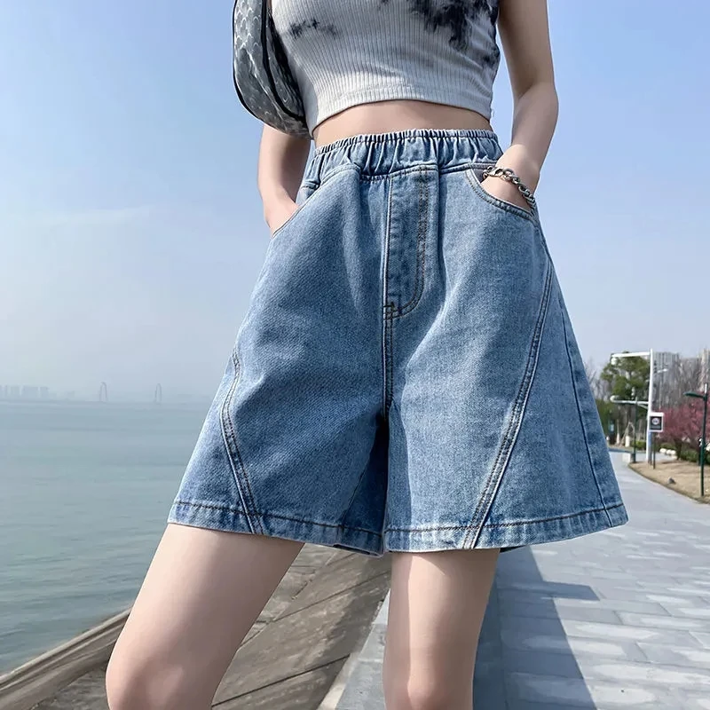 Big Size Denim Shorts Quarter Trousers A Wide Leg Loose High Waist Skinny Students Fattening Women Pocket Splicing Stripe