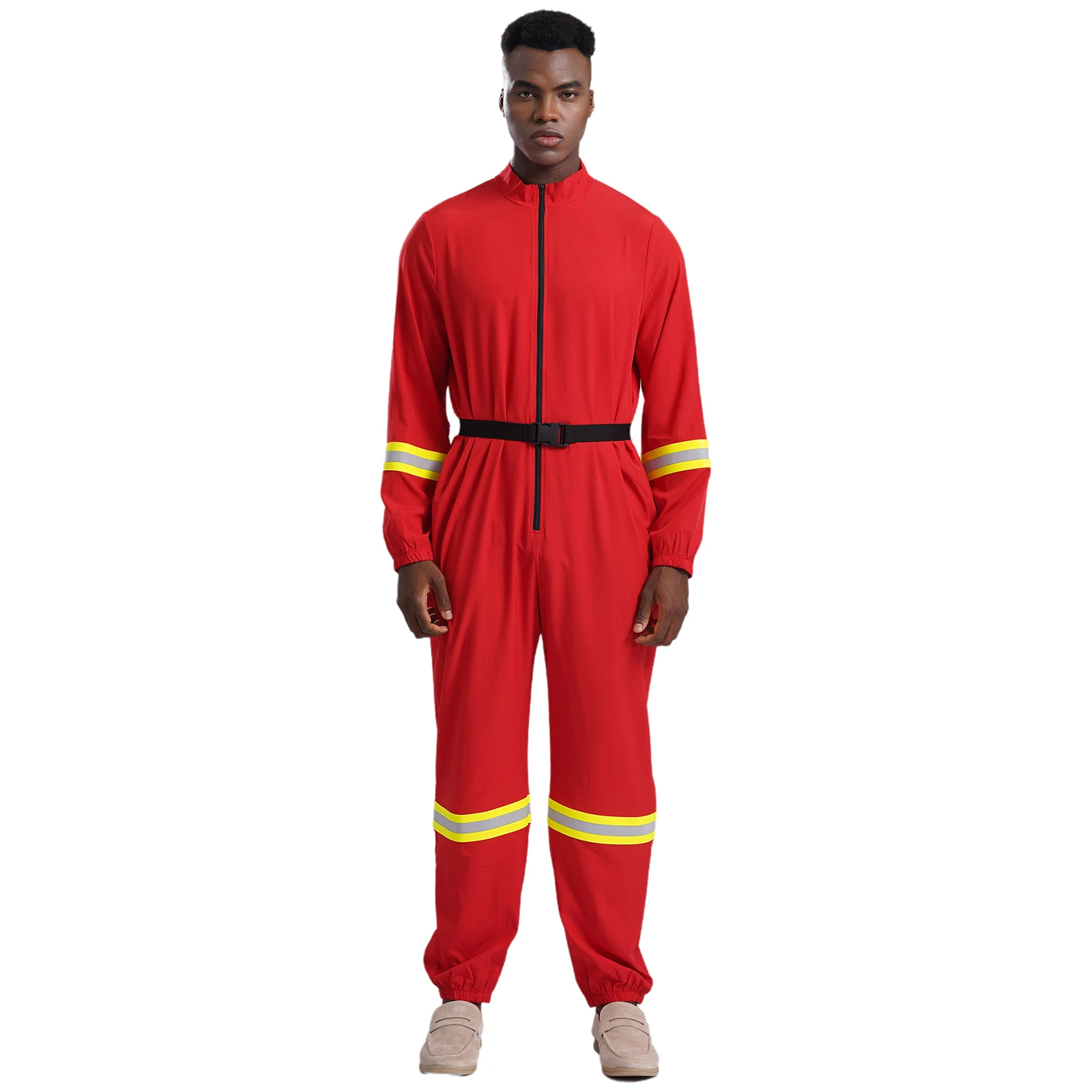 Men Firefighter Cosplay Halloween Costumes Jumpsuit with Belt Stand Collar Long Sleeve Front Zipper Rompers Carnival Clubwear