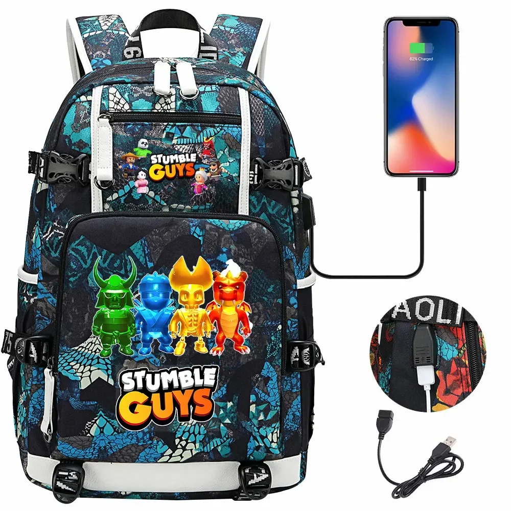 

Stumble Guys Backpack Teenager Students School Bag USB Charging Port Laptop Bag Cartoon Nylon Rucksack Boys Bookbag Mochila