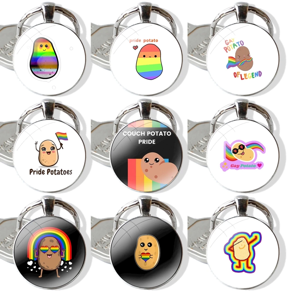 Pride Rainbow Lgbt Potato Keychain Handmade Glass Cabochon Key Ring Holder Pendant Key Chains