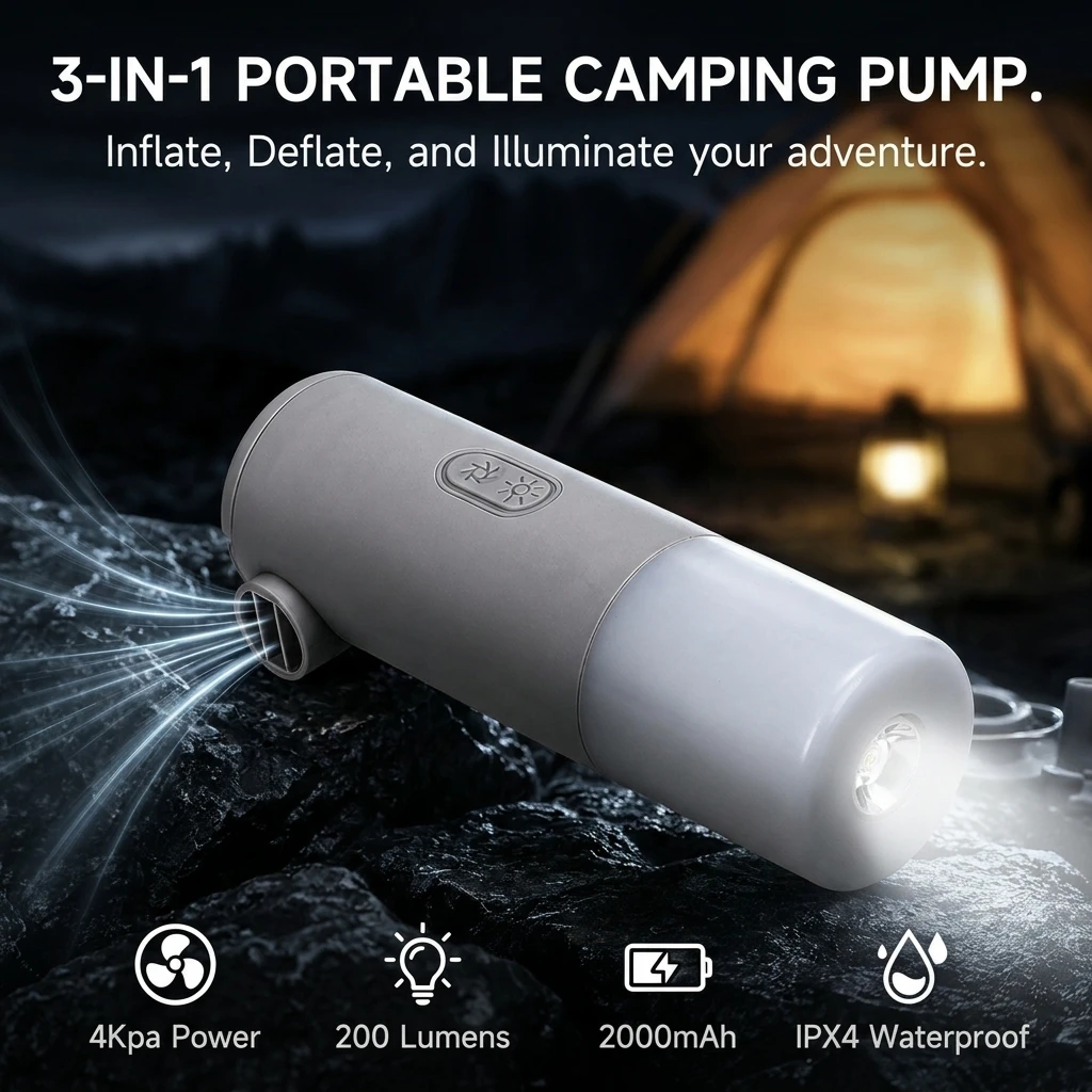 Portable Camping Air Pump Rechargeable Mini Electric Pump with LED Light for Inflatables Sleeping Pads Vacuum Bags
