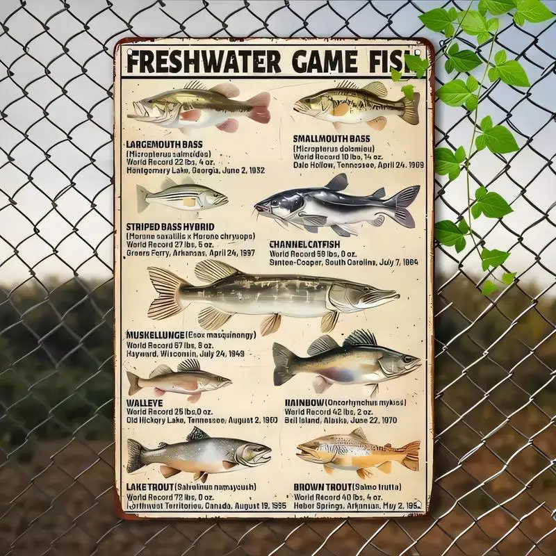 Vintage Freshwater Game Fish Metal Tin Sign - Retro Rustic Iron Wall Art (Bass, Catfish, Trout) for Fishing Lovers, Home/Bar Dec