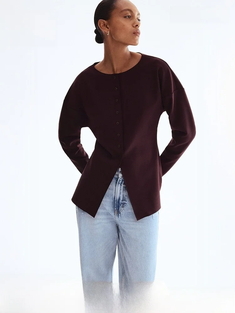 

Женский вязаный кардиган H&M, винно-красный, с круглым вырезом, весенний, с завязками на талии, повседневный, на Новый год, с длинными рукавами, стандартный крой