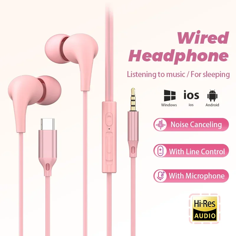USB Type C Wired Headphone 3.5mm Stereo Music In-Ear Earphones With Wire Control Mic Sleeping Earplugs For Samsung iPhone Xiaomi