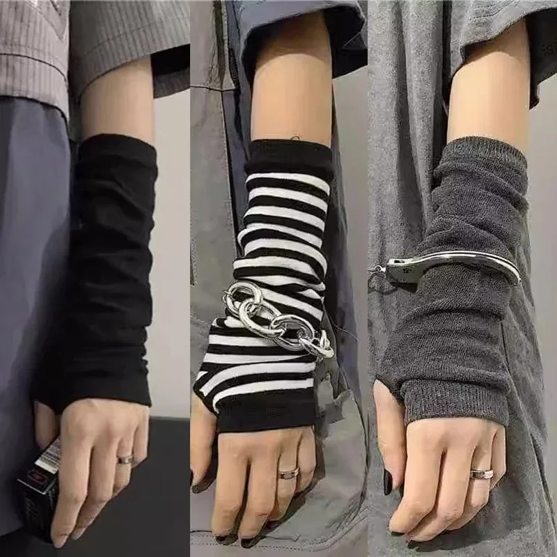 Guante gótico de Lolita para hombre y mujer, cubierta para brazo, calentadores de brazo Harajuku, pulsera larga Punk sin dedos a rayas, guantes de