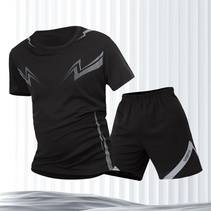 

2 Pieces Men's Black Lightning Quick-drying Loose Sports Suit Basic Joker Teenagers Outdoor Fitness Running Short-sleeved Shorts