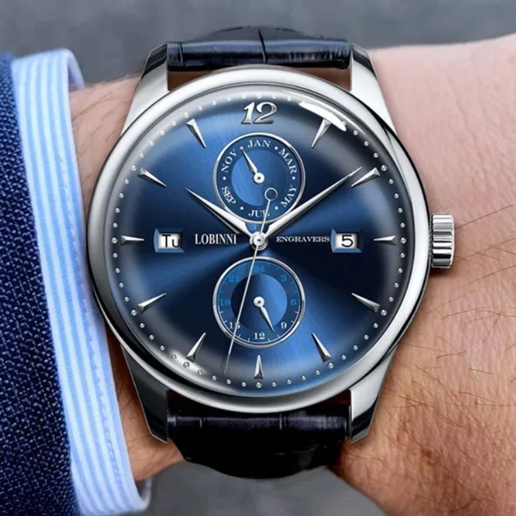 

LOBINNI Men Automatic Watch 40MM Mechanical Wristwatch 5ATM Waterproof Sapphire Multi-DIal Month Week Date 24 Hours Relogio