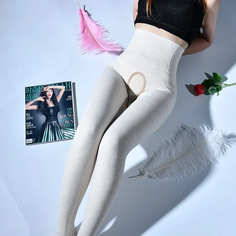 Pantimedias sexis con entrepierna abierta para mujer, mallas de cintura alta para Abdomen, gruesas, cálidas y ajustadas, medias largas de terciopelo para invierno