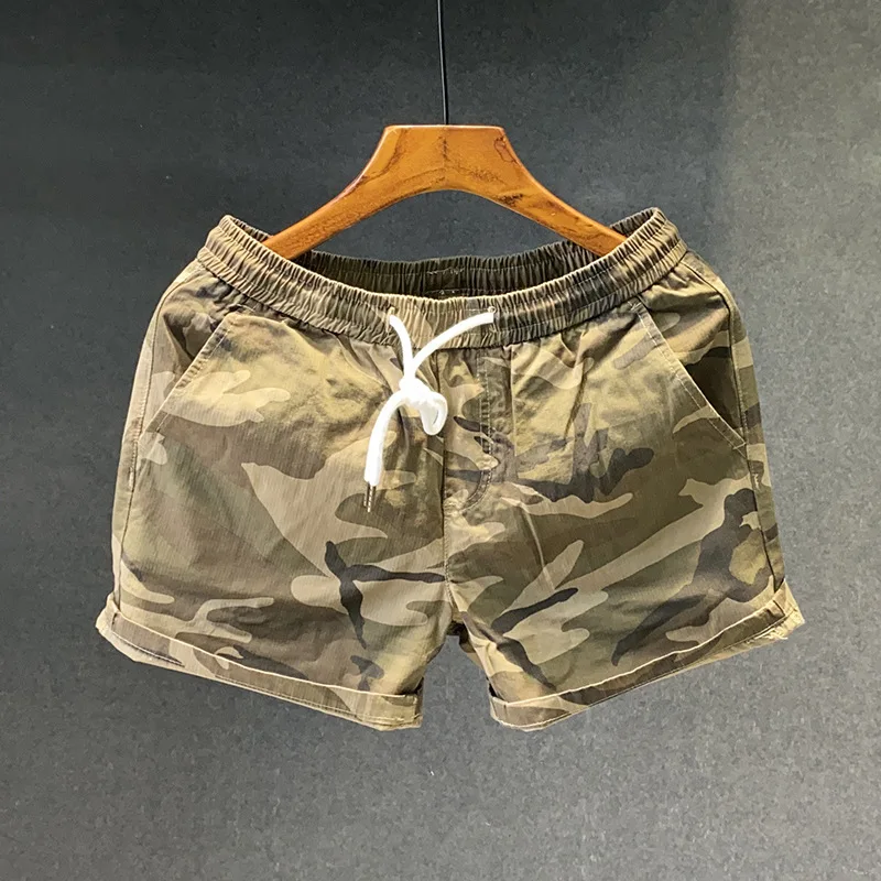 Calção casual de camuflagem masculina, cintura elástica, comprimento médio, solta, 3/4, calça de praia esportiva da moda, verão