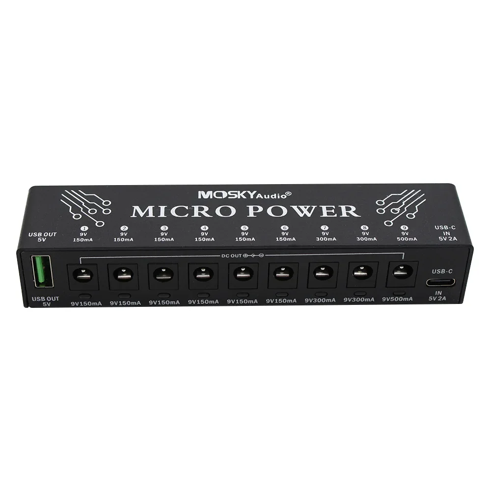 Mosky Micro Power 9 DC Outputs +1 USB Output Effect Pedal Power Supply for 9V 150-300mah Guitar Pedal