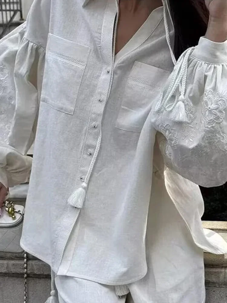 

HH женская мода с лацканами и карманами, вышивкой, украшение, однобортная рубашка + высокая талия, тонкие брюки с веревкой, однотонный комплект из 2 предметов