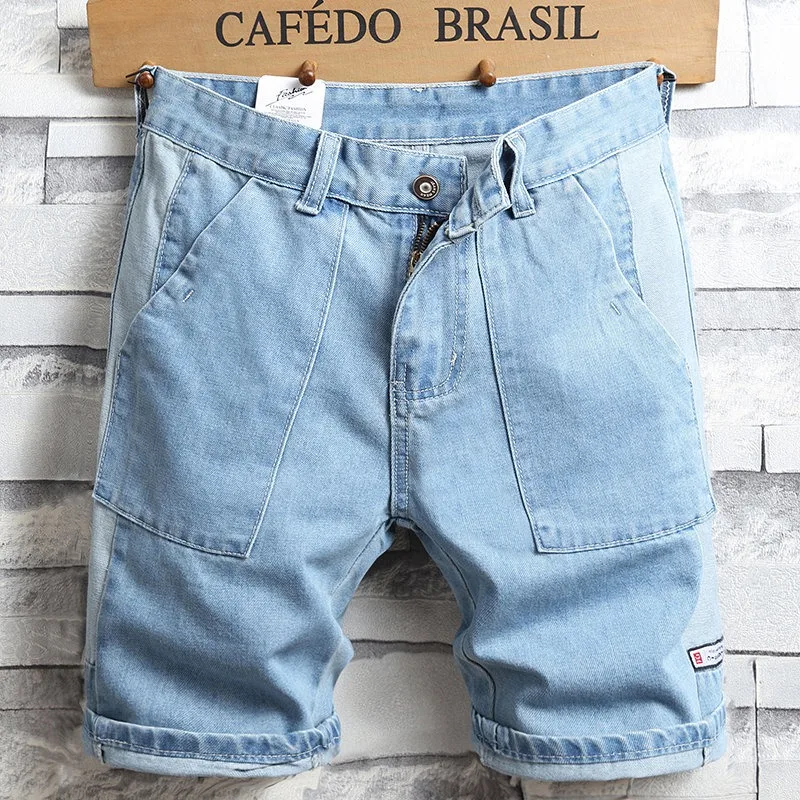 

Fashion Shorts Jeans Men Summer Streetwear Casual Light Blue Slim Fit Straight Knee Length Denim Pants