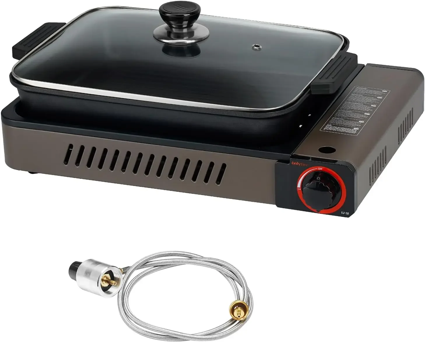 Portable Propane Gas Stove with Grill Pan and Lid | Butane Camping Stove Instant Ignition for Patio Backyard Home Cooking