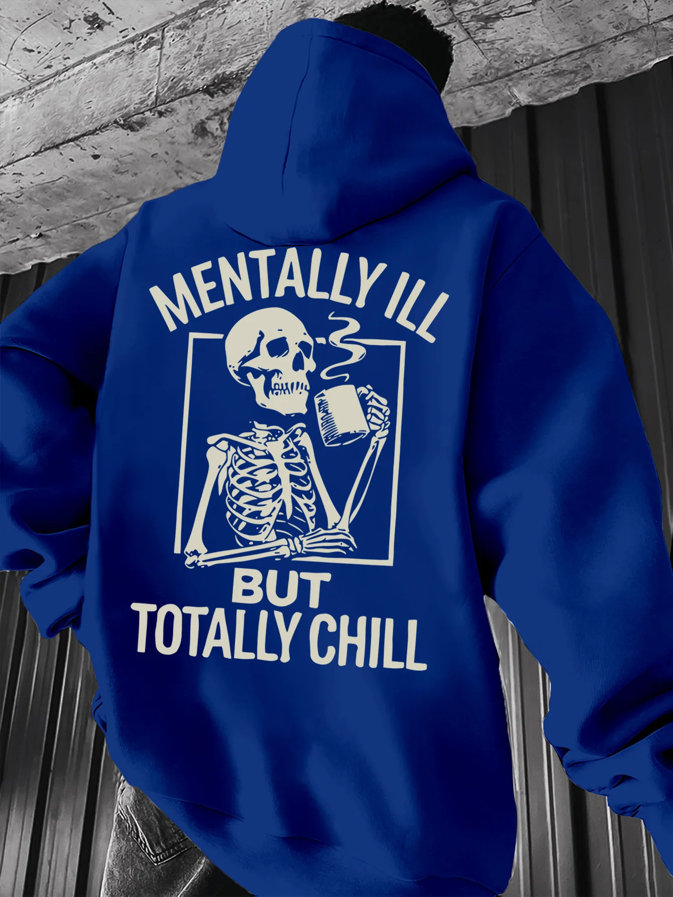 Vintage Skeleton Drinking Coffee Funny Slogan Graphic HoodieUnisex Long SleeveOversized Loose BackPrint UrbanStreetwear