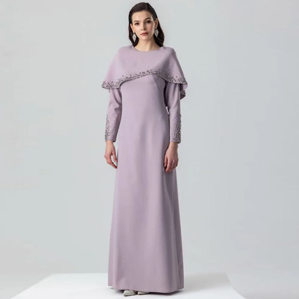 Customized Crew Neck A-Line Long Sleeves Evening Dress Elegant Party Dresses Woman Delicate Buttons Zipper Back Celebrity Gowns