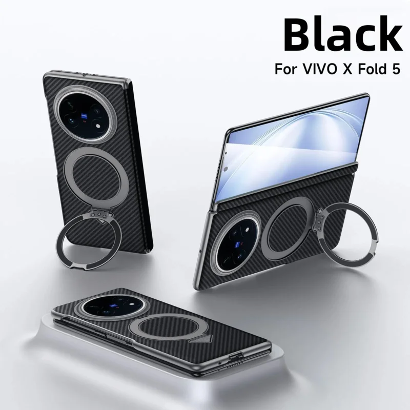 

Чехол для VIVO X Fold 5 с защитой центрального шарнира, магнитным креплением и текстурой под карбон, из экологичной кожи