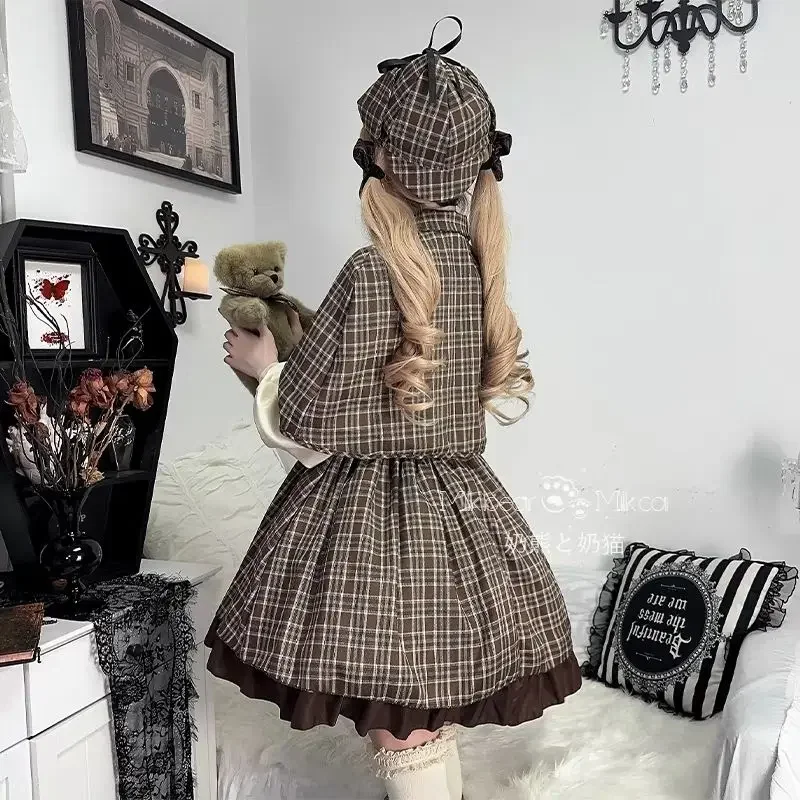 ชุดคอสเพลย์นักสืบฮาโลวีน ชุดมินิเดรสปาร์ตี้สไตล์พังก์ Y2k ชุดสไตล์พรีปปี้ ชุดโลลิต้ากอธิค ชุดเดรสลายสก็อตพร้อมเสื้อคลุมสำหรับผู้หญิง