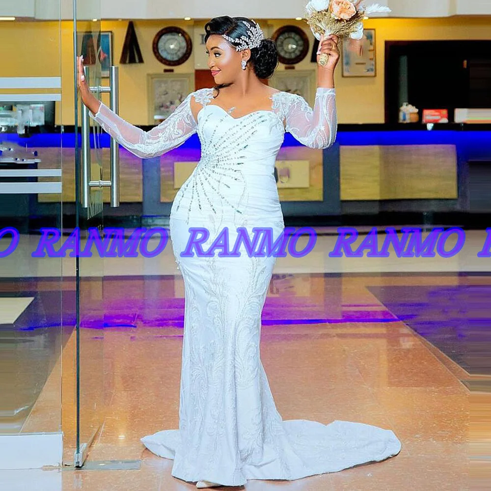 Ranmo-vestido de noiva sereia para mulheres africanas, vestido de manga comprida com apliques de renda, tamanho grande, personalizado