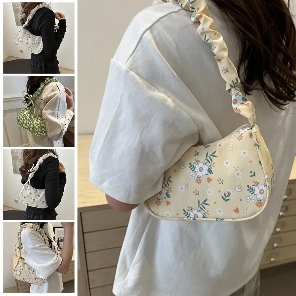 Fashion Pleated Shoulder Bag Purse For Women Summer Floral Top Handle Bag Trendy Ruched Small Tote Luxury Handbag O0D8