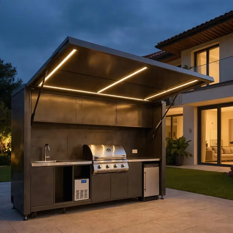 Customized modern modular outdoor kitchen cabinet island 304 stainless steel with grill faucet sink for daily outdoor cooking