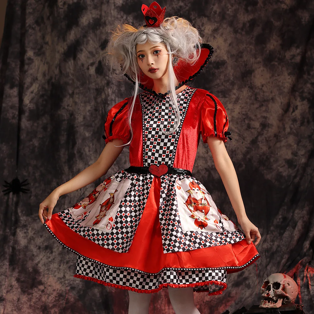 Fsia de loween Rainha Coração Vermelho Estampa Rainha do Poker Alice no País das Maravilhas Roupa Tradicional Chinesa ...