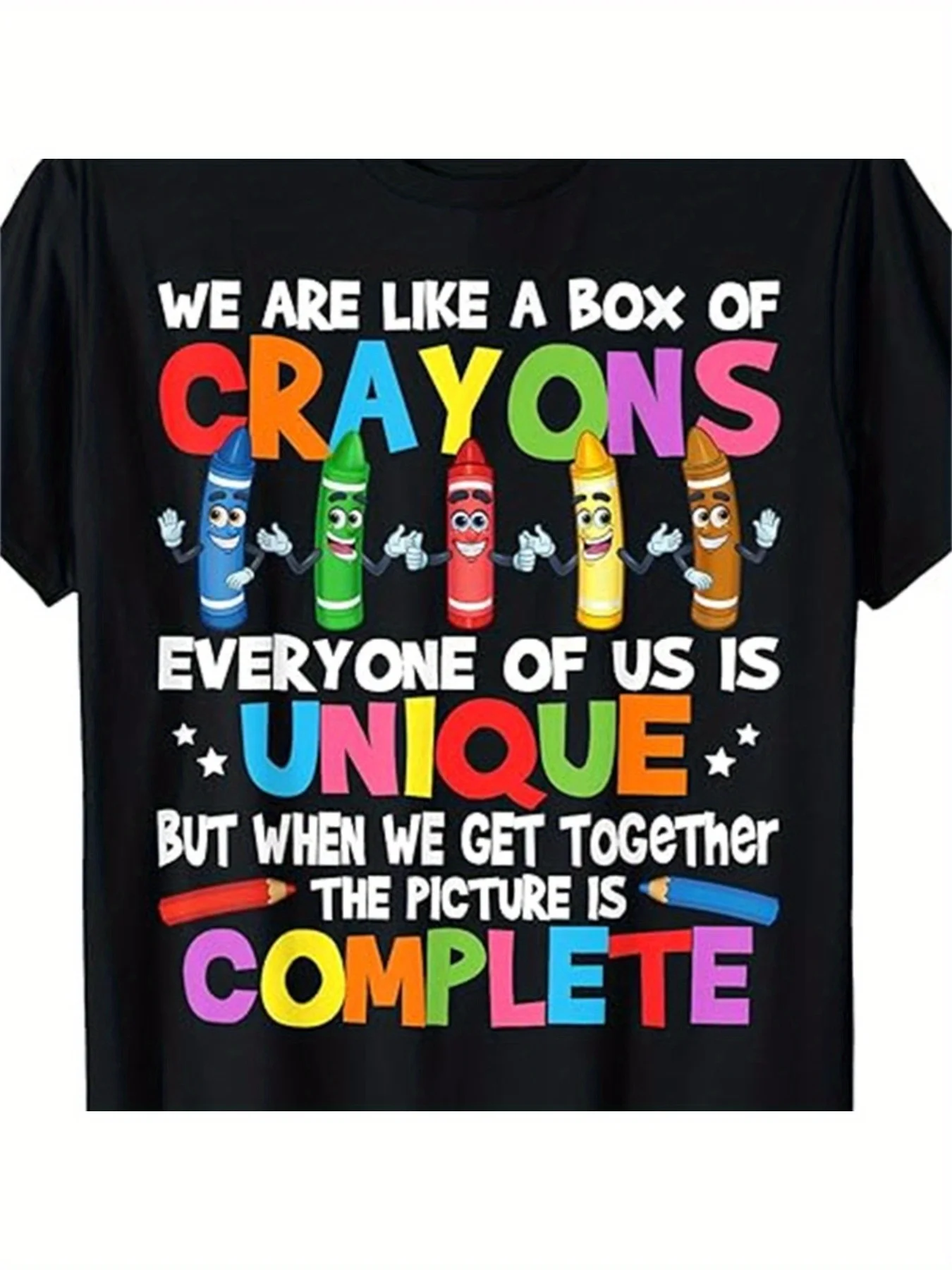1pc Unisex Cotton T-Shirt with Colorful Crayon Print Casual Crew Neck Medium Stretch Regular Fit All-Season Knit Fabric