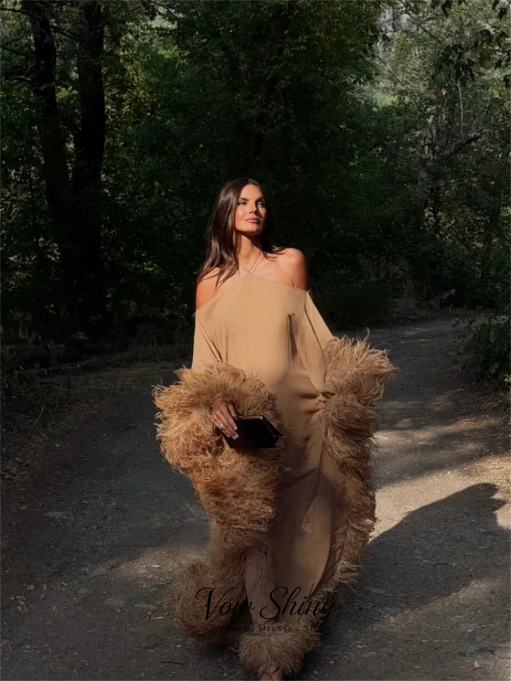 Vow Shiny Elegant Camel Feather Sleeve Evening Gown Dress Halter A-Line Maternity Party Dress Wedding Guest Dress Customized