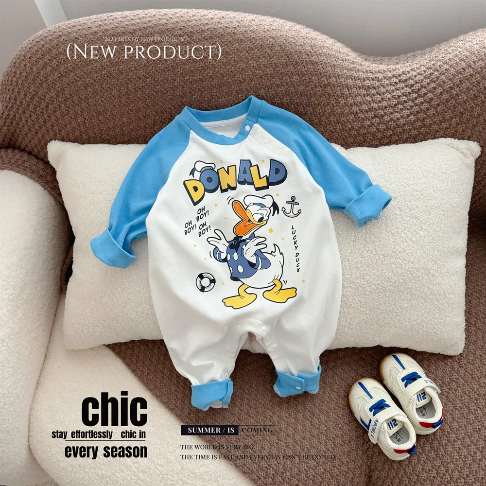 Disney Cute Cartoon Donald Duck Daisy 0-2 Year Old Boys and Girls Baby Cotton Long Sleeve Soft Jumpsuit Spring Baby Clothes