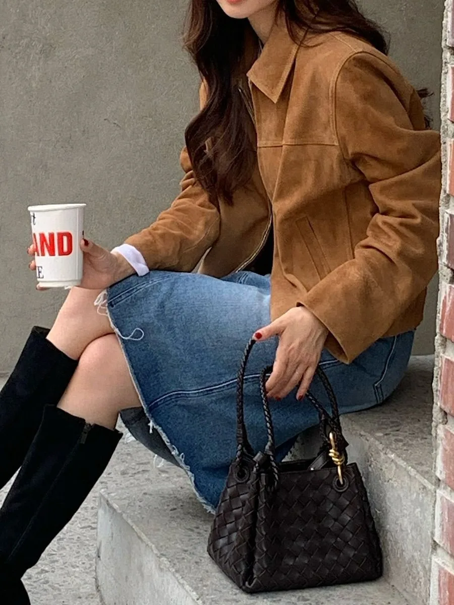 Koreanischer Chic 2026 Herbst Neuer Stil Stehkragen Kunstleder-Samt-Jacke mit Reißverschluss Coole Kurze Mantel-Oberteile für Damen – Detail 2