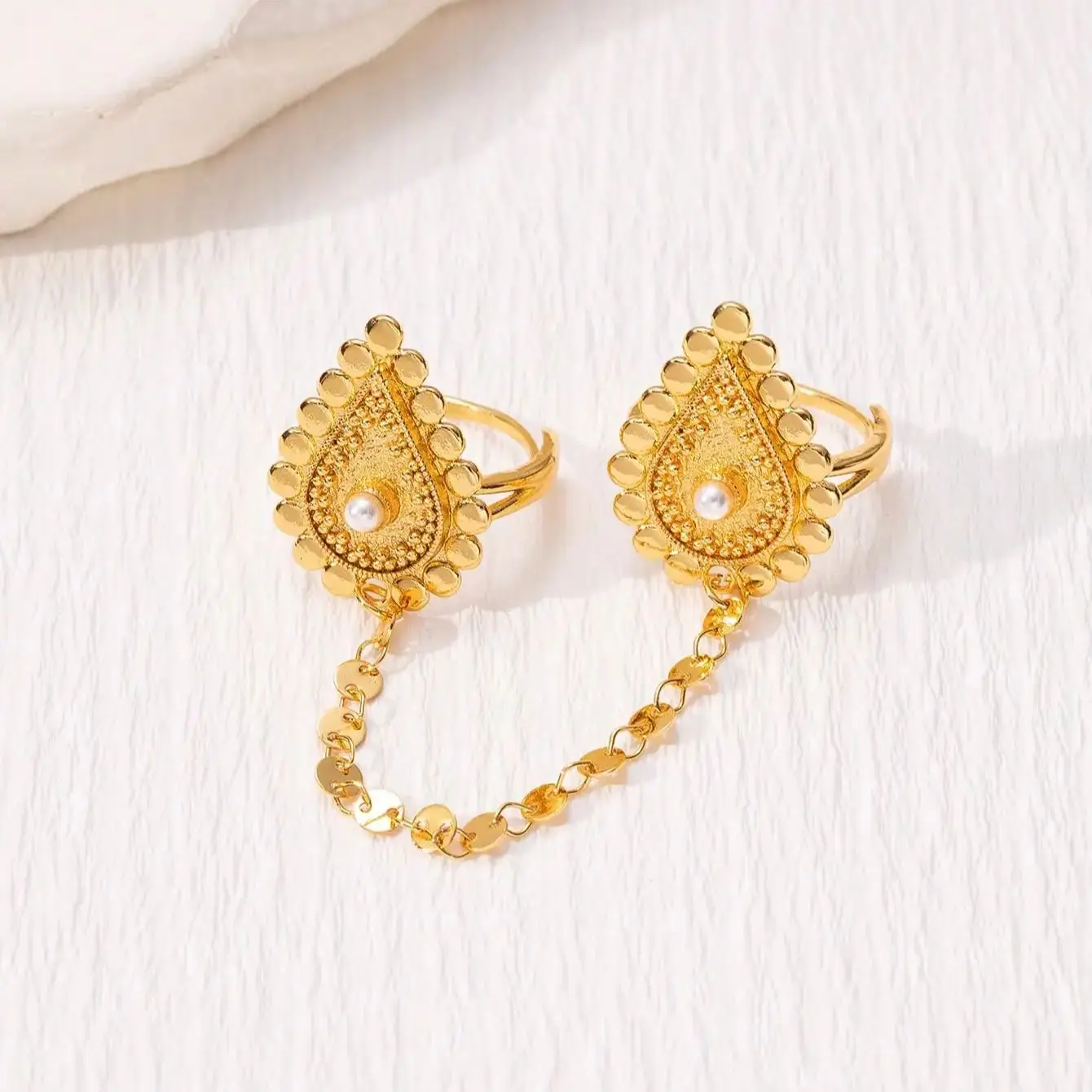 2PCS Gold Plated Water Drop Free Size Rings Set for Women Arabic Middle East Wedding Festival Hand Jewelry
