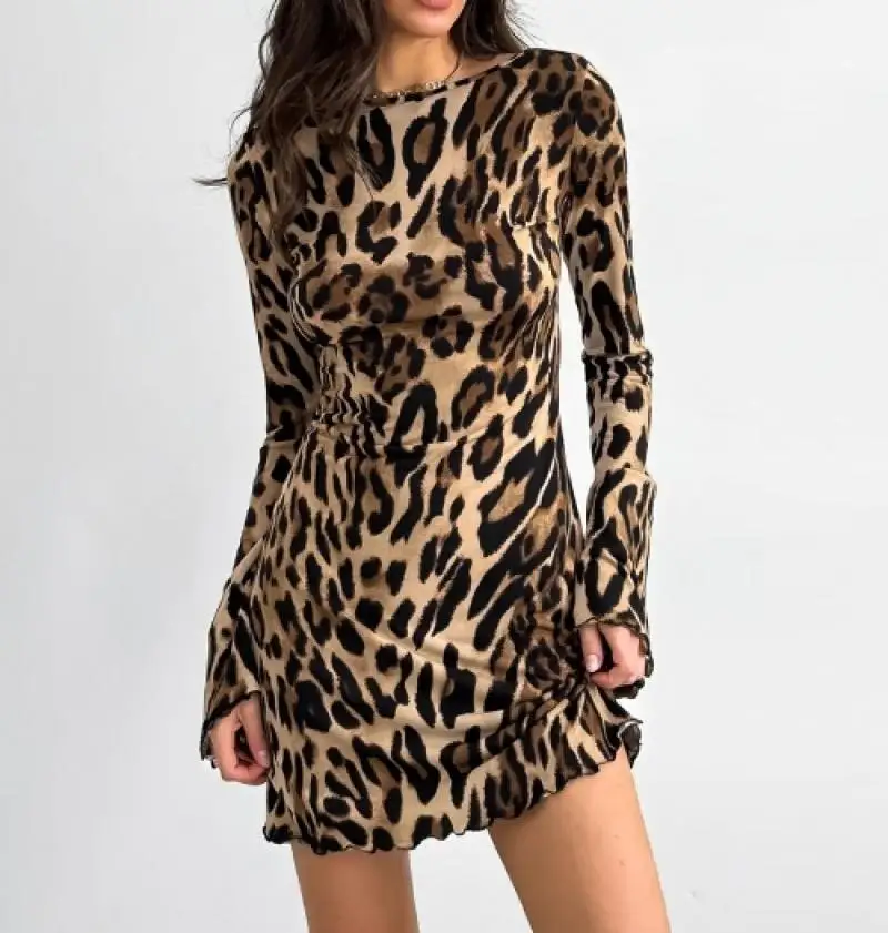 

Y2K Dresses Sexy Women's Autumn Dresses Lace Up Long Sleeved Backless Slim Fit Classic Leopard Print Dress Sexy Midi Short Skirt