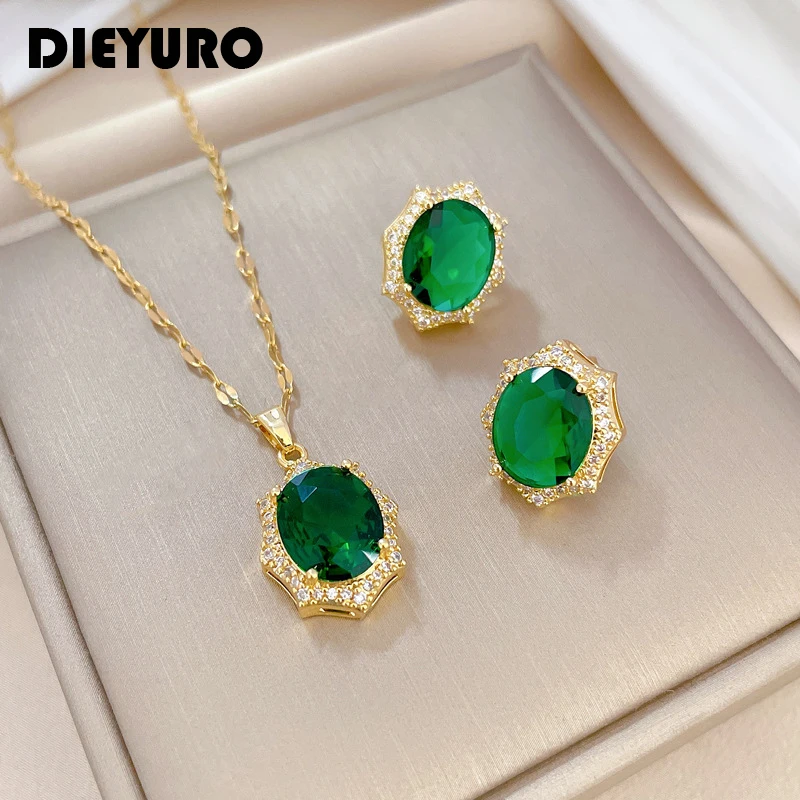 

DIEYURO 316L Stainless Steel Oval Green Crystal Pendant Necklace Earrings For Women Girl Clavicle Choker Trendy Jewelry Set Gift