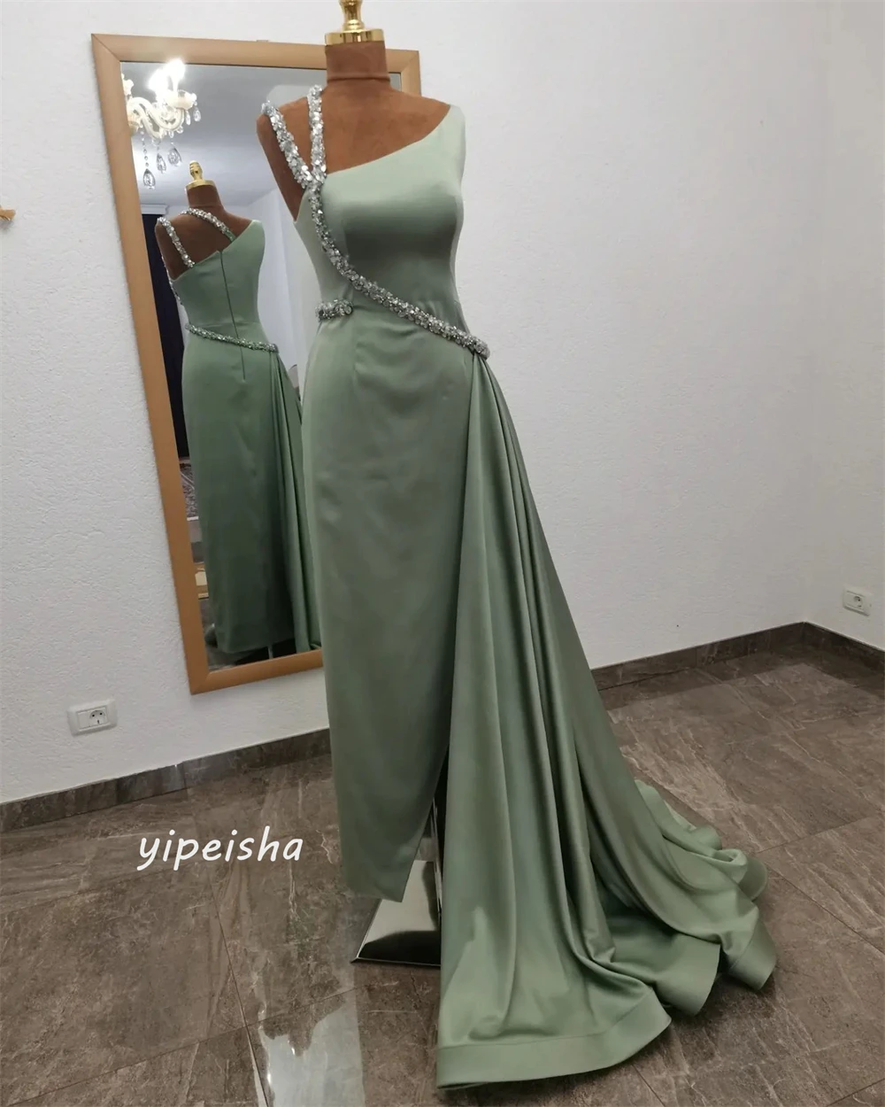 Jersey Beading Draped Pleat Christmas A-line V-Neck Bespoke Occasion Gown Long Dresses