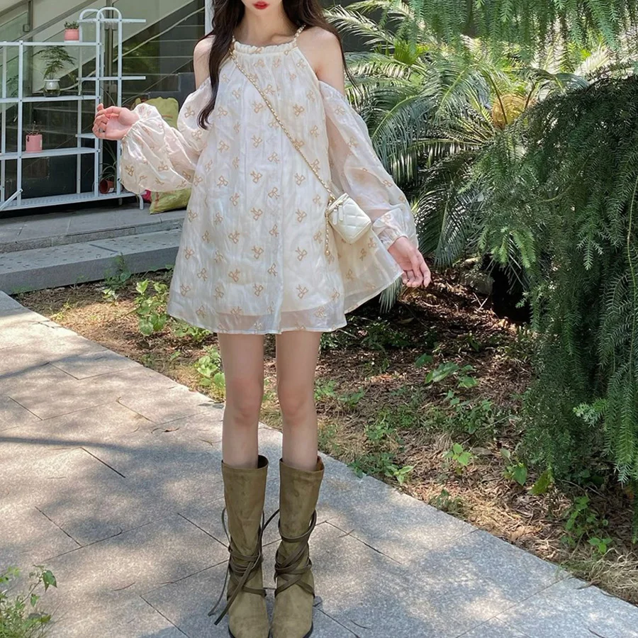 فساتين الصيف 2025 ملابس نسائية حلوة بأكمام طويلة بدون أكتاف فستان قصير أنيق بحمالة شفافة فساتين فضفاضة تصميم Fairycore