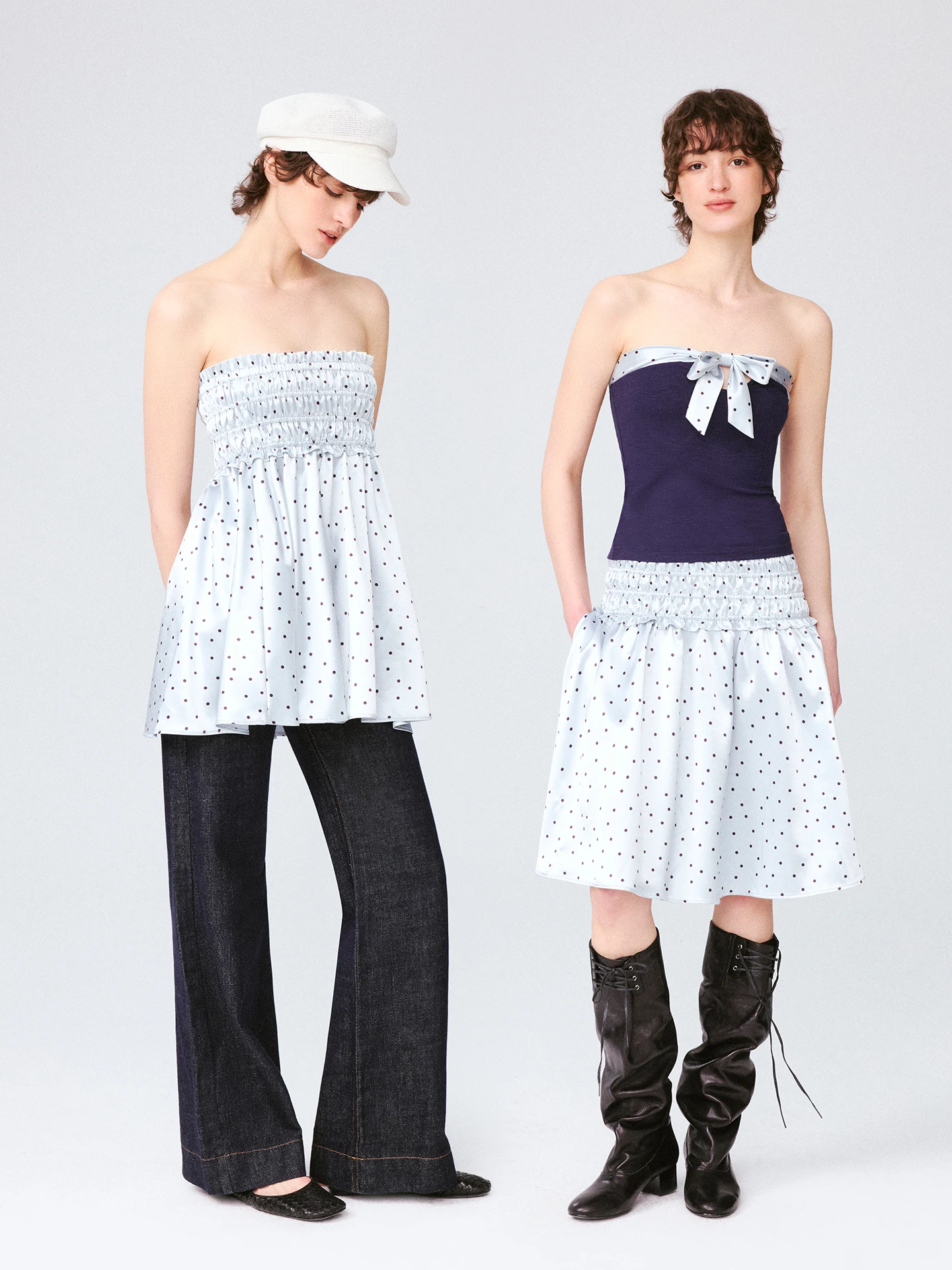 

Новинка Trendkill: Атласная юбка-трапеция в горошек с двумя вариантами ношения, топ-бюстье и юбка с низкой талией для молодых женщин