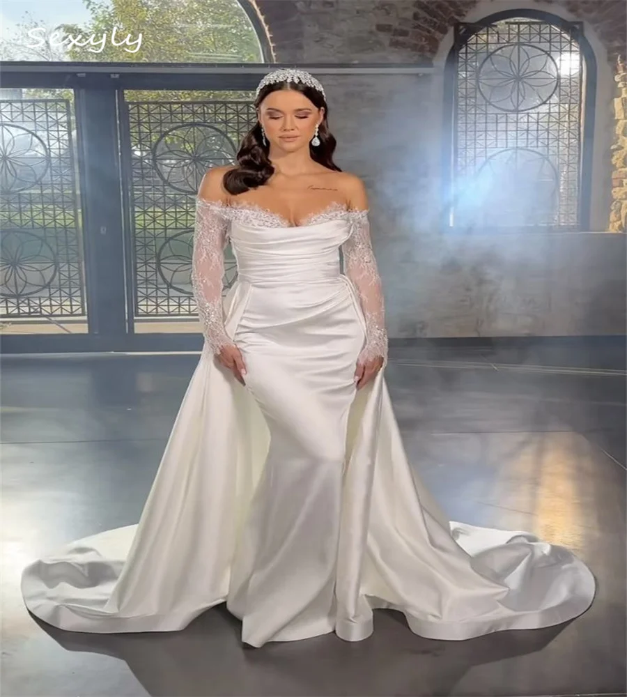 Overskirt Mermaid Wedding Dress 2025 Elegant Off Shoulder Plus Size Country Bridal Gown Satin Long Sleeve Lace Bride Customized
