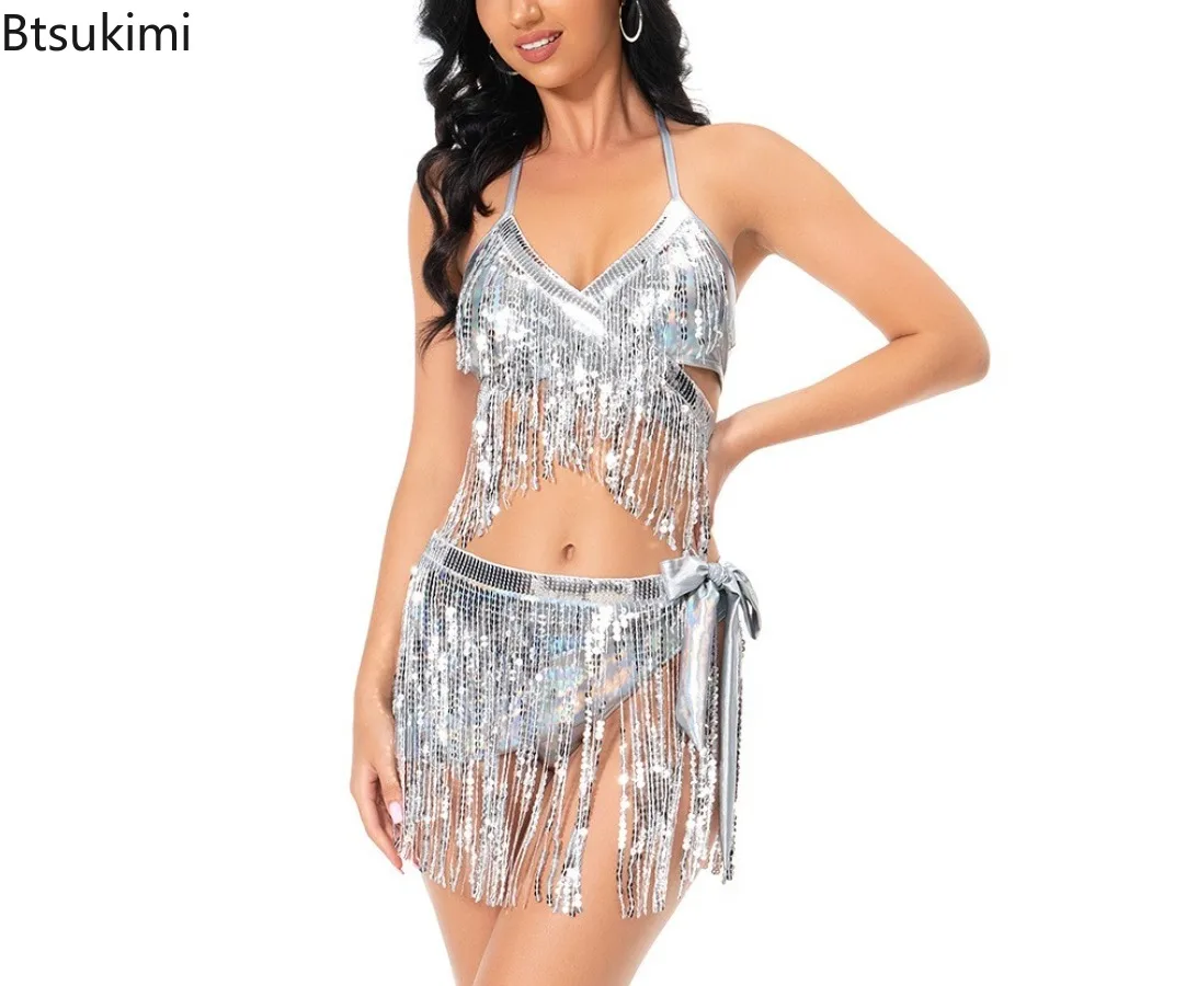 

Новый женский танцевальный костюм, комплект из 3 предметов, сексуальный комплект с бюстгальтером, сверкающий костюм бикини с бахромой, модная одежда для вечеринок, сценических танцев