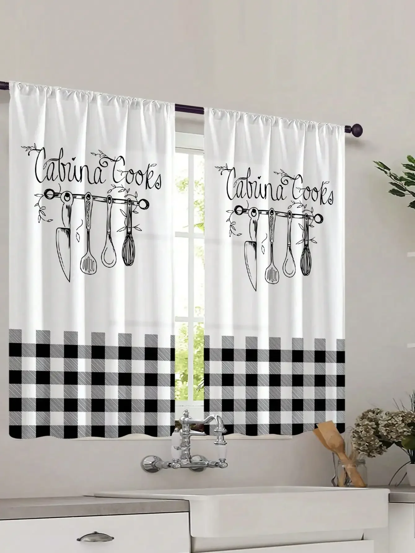

2PC Black White Farmhouse Curtains Short Cafe Style Rustic Country for Kitchen Sink Bathroom Window