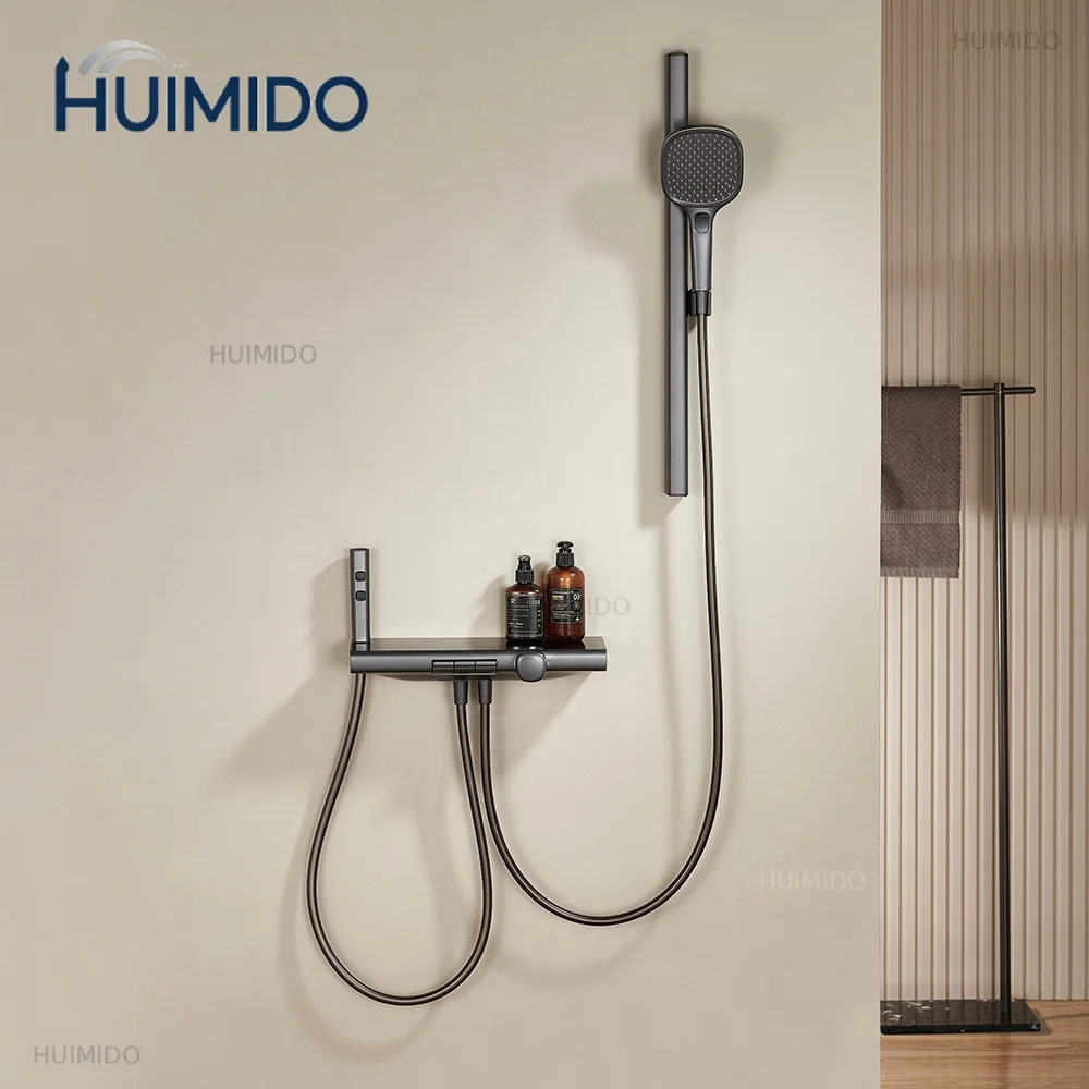 Three-function external stainless steel shower set, ceramic single-handle slider, temperature display, rain-type soft spray