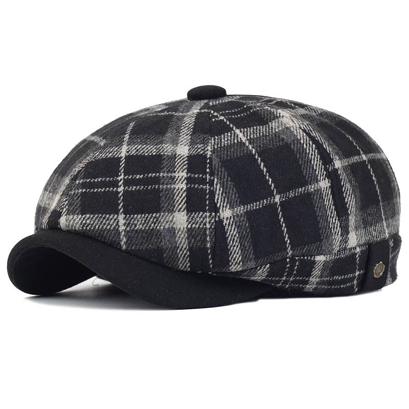 Plaid Thick Octagonal Hat Autumn Winter Woolen Newsboy Cap Beret Men Women England Gatsby Retro Hat Driver Flat Cap