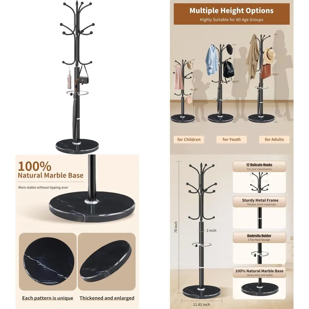 

Современная черная отдельно стоящая вешалка для одежды с 12 крючками, держателем для зонтов и основанием из натурального мрамора для стильного хранения в прихожей