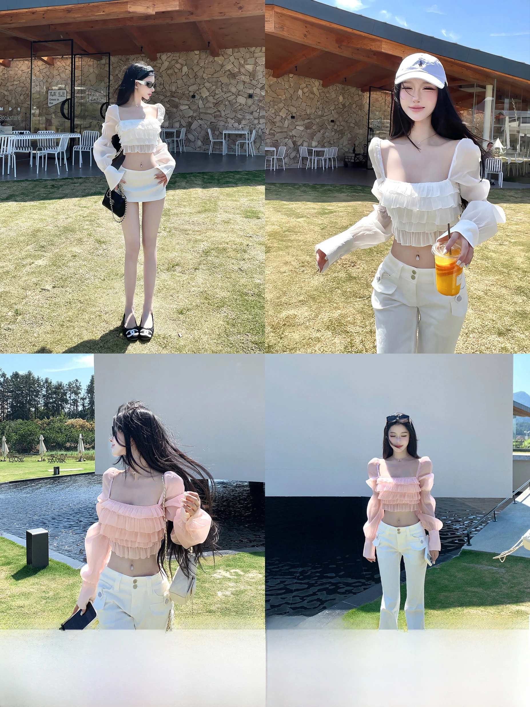 

Весна 2026: Женская шифоновая блузка с рукавами-фонариками и квадратным вырезом, укороченная, в французском стиле, приталенная, с длинными рукавами, для уличного стиля.