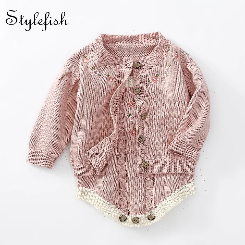 

Baby suit spring and autumn children baby girl knitted embroidered 2-piece suit sweater coat + twist romper creeper suit 3-piece