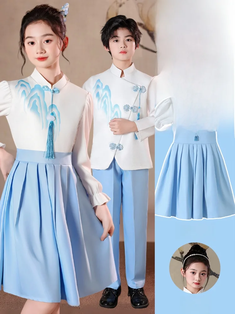 

Blue Performance Costume Children's Day Chorus Recitation Outfit Girls Primary School Style Poetry Speech Competition Ceremony