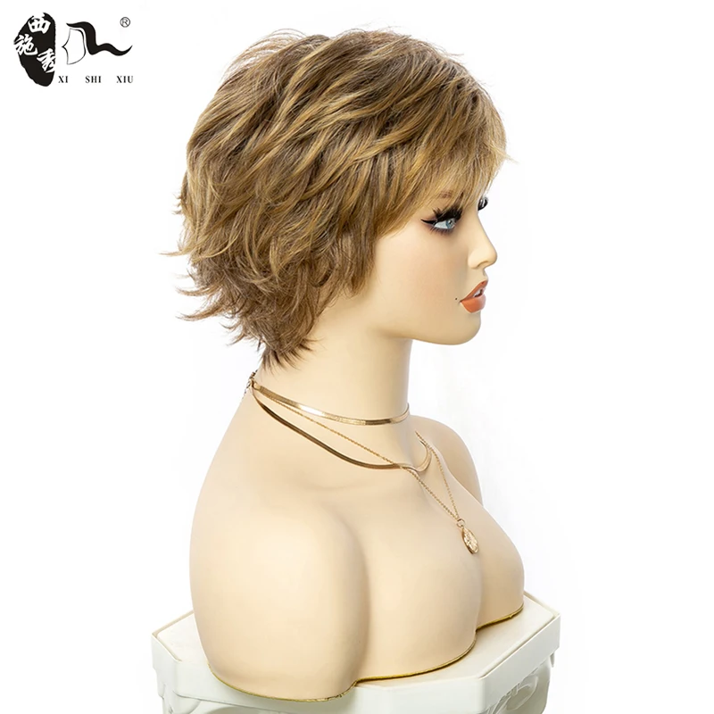 Short Ombre Blonde Pixie Cut Hair Synthetic Wig With Bang For Women High Temperature Fiber Natural Wave Curl Hair Daily Use Wigs