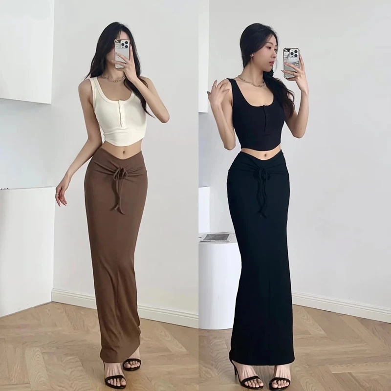 

High Waist Pleated Skirt Sexy Tight Fit Polyester Spandex Long Skirt Dstring Bump up Slimming High Heeled Women's Dr