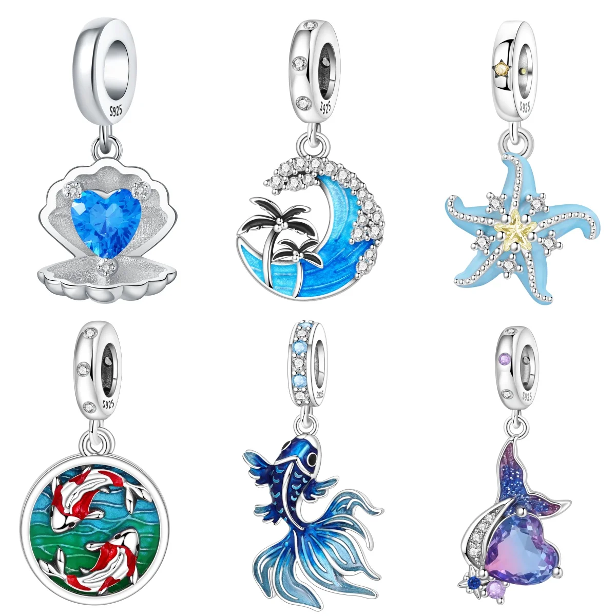 Orstarry S925 Sterling Silver Charm Starfish Shell, Koi, Betta Fish, Mermaid Tail Pendant For Bracelet DIY Jewelry Making Gift