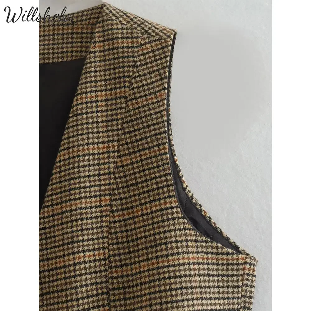 Willshela Women Houndstooth Vest V-Neck Sleeveless Single Breasted Female Chic Office Lady Vintage Korean Tops Waistcoat